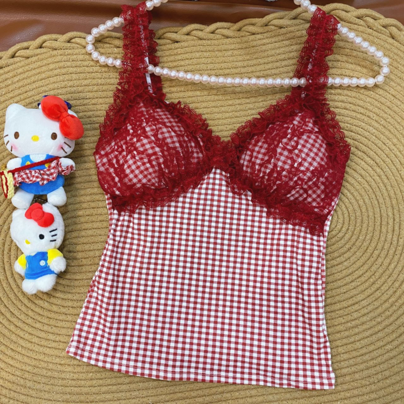 Pamut csipkés pöttyös kamisola, nyári top V-nyakú, beépített melltartó párnázással