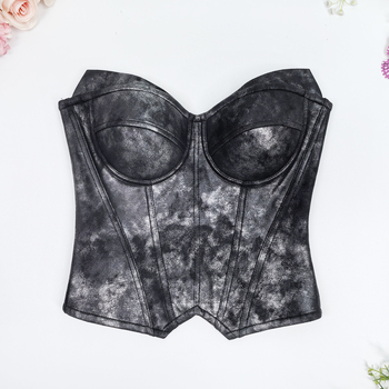 Top tub PU piele cu textura graffiti, lungime scurtă 40–50 cm, bretele detașabile duble