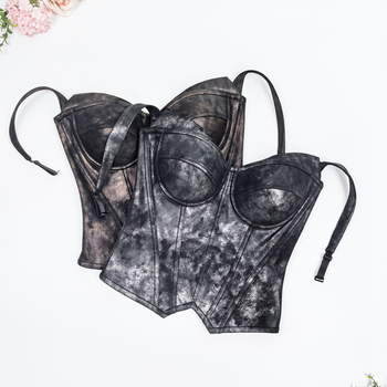 Top tub PU piele cu textura graffiti, lungime scurtă 40–50 cm, bretele detașabile duble