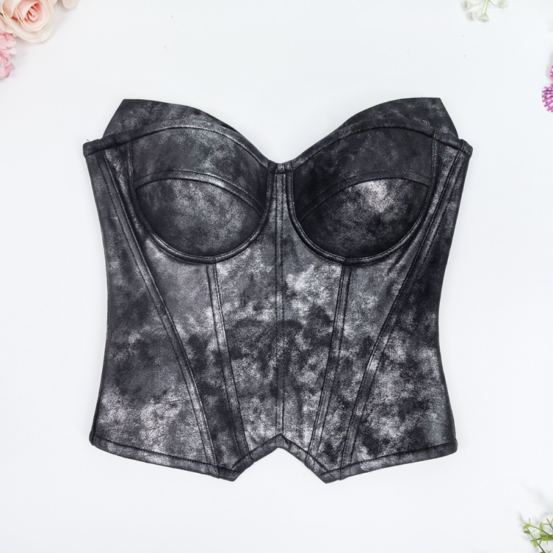 Top tub PU piele cu textura graffiti, lungime scurtă 40–50 cm, bretele detașabile duble