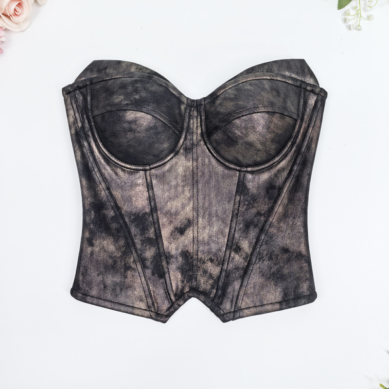 Top tub PU piele cu textura graffiti, lungime scurtă 40–50 cm, bretele detașabile duble