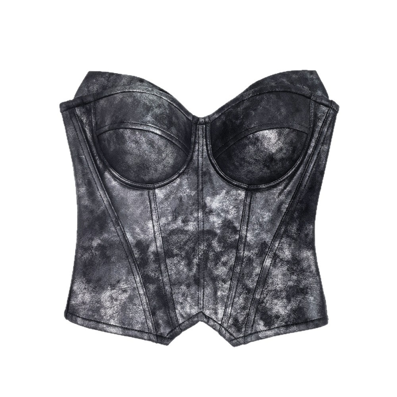 Top tub PU piele cu textura graffiti, lungime scurtă 40–50 cm, bretele detașabile duble