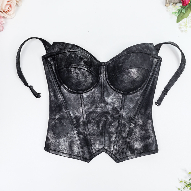 Top tub PU piele cu textura graffiti, lungime scurtă 40–50 cm, bretele detașabile duble