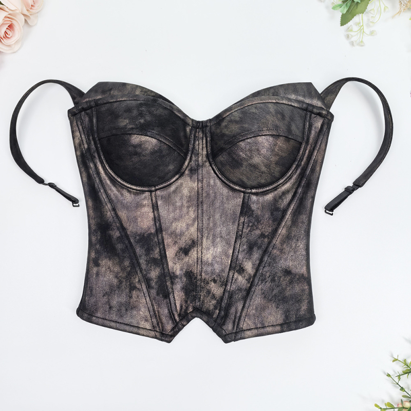 Top tub PU piele cu textura graffiti, lungime scurtă 40–50 cm, bretele detașabile duble