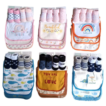 Set bavete pentru bebeluți și șosete cu imprimeu brodat pe bavetă dreptunghiulară, 75% bumbac, unisex, pentru copii 0–1 an, HaoFu