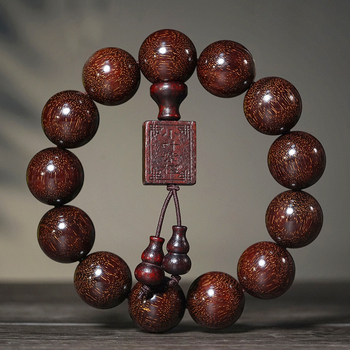 Brățară cu mărgele Buddha din lemn de santal roșu cu frunză mică și lemn de santal roșu african, etichetă pătrată și accente în formă de dovleac, stil etnic, Feather brand, finisaj lustruit