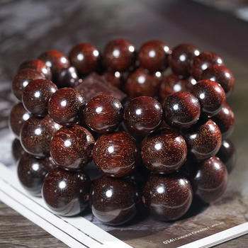 Brățară cu mărgele Buddha din lemn de santal roșu cu frunză mică și lemn de santal roșu african, etichetă pătrată și accente în formă de dovleac, stil etnic, Feather brand, finisaj lustruit