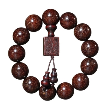 Brățară cu mărgele Buddha din lemn de santal roșu cu frunză mică și lemn de santal roșu african, etichetă pătrată și accente în formă de dovleac, stil etnic, Feather brand, finisaj lustruit