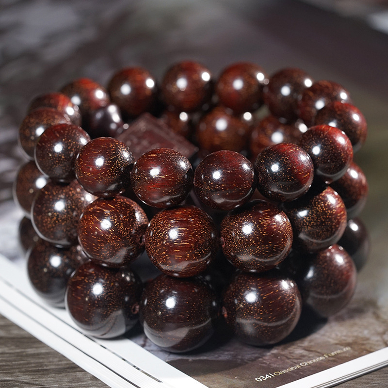 Brățară cu mărgele Buddha din lemn de santal roșu cu frunză mică și lemn de santal roșu african, etichetă pătrată și accente în formă de dovleac, stil etnic, Feather brand, finisaj lustruit