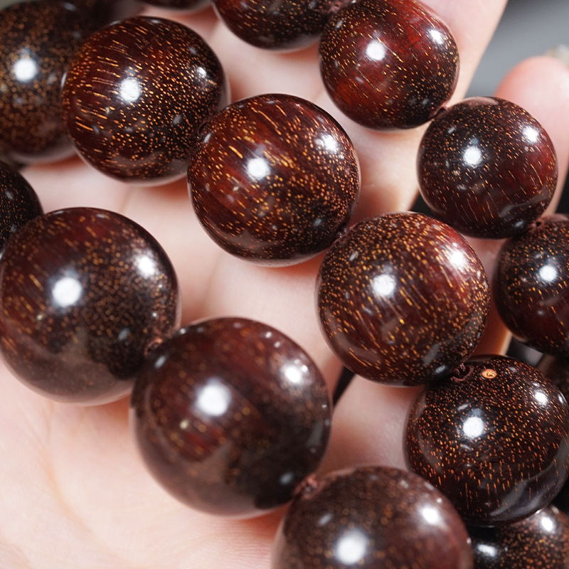 Brățară cu mărgele Buddha din lemn de santal roșu cu frunză mică și lemn de santal roșu african, etichetă pătrată și accente în formă de dovleac, stil etnic, Feather brand, finisaj lustruit