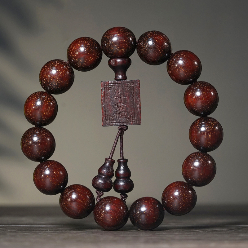 Brățară cu mărgele Buddha din lemn de santal roșu cu frunză mică și lemn de santal roșu african, etichetă pătrată și accente în formă de dovleac, stil etnic, Feather brand, finisaj lustruit