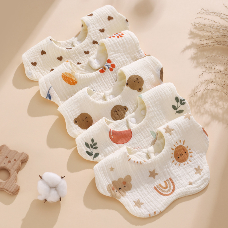 Bavetă pentru nou-născuți — bumbac pur, pânză de tifon, model desen animat, anti-murdărire, unisex, 0–1 ani