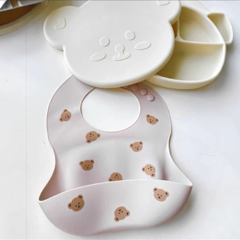 BIB din silicon pentru copii, model urs, anti-murdărire, pentru 1–3 ani