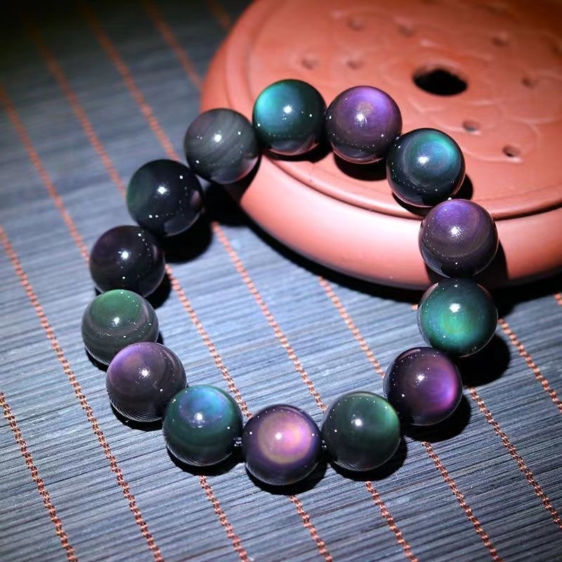 Brățară din obsidian, naturală, unisex, lucrată manual, cu ochi dubli