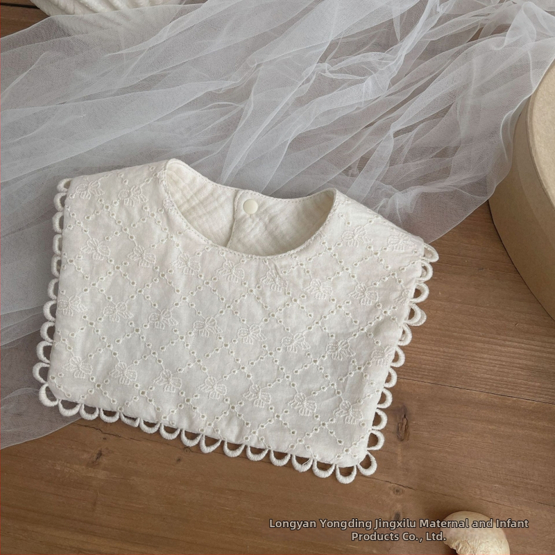 Bavetă de bebeluș în stil coreean, cu funda din dantelă brodată, din bumbac 100%, pentru fete, 1–3 ani, primăvară 2025