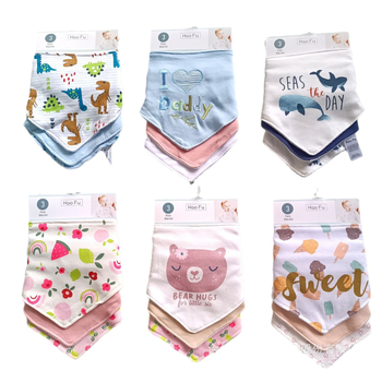 Bibe triunghiulare din bumbac pentru bebeluși, set de 3, imprimeuri cu desene animate, 75% bumbac, pentru sugari și copii mici (0–6 ani)