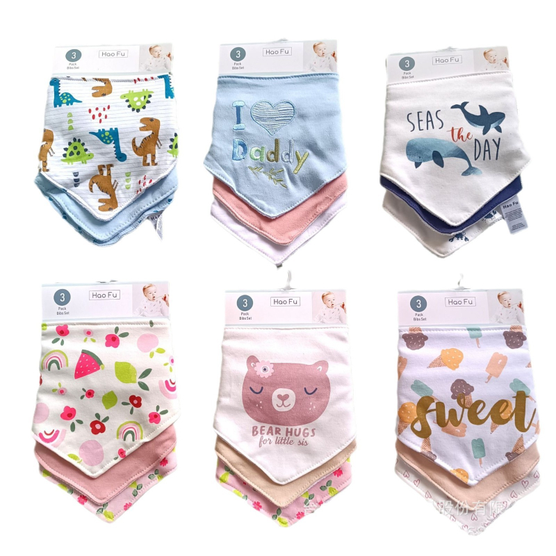 Bibe triunghiulare din bumbac pentru bebeluși, set de 3, imprimeuri cu desene animate, 75% bumbac, pentru sugari și copii mici (0–6 ani)