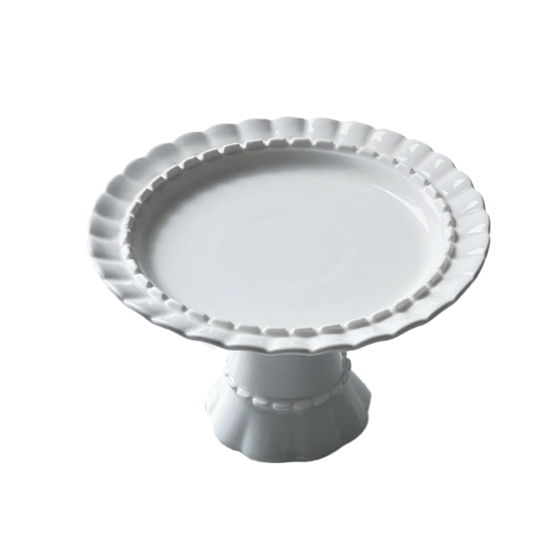 Tavă ceramică pentru deserturi, relief în stil franțuzesc, bază circulară pe picioare înalte, compatibilă cu microunde, imprimare logo și personalizare disponibile