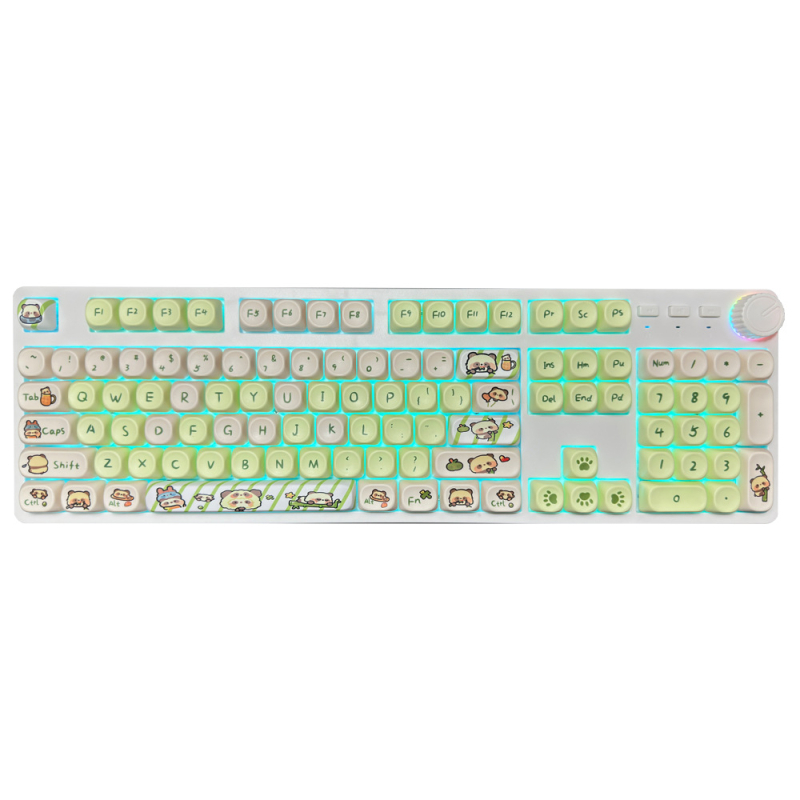 Mechaninė klaviatūra su 104 klavišais, laidinis ryšys, žalieji jungikliai, vienos spalvos apšvietimas