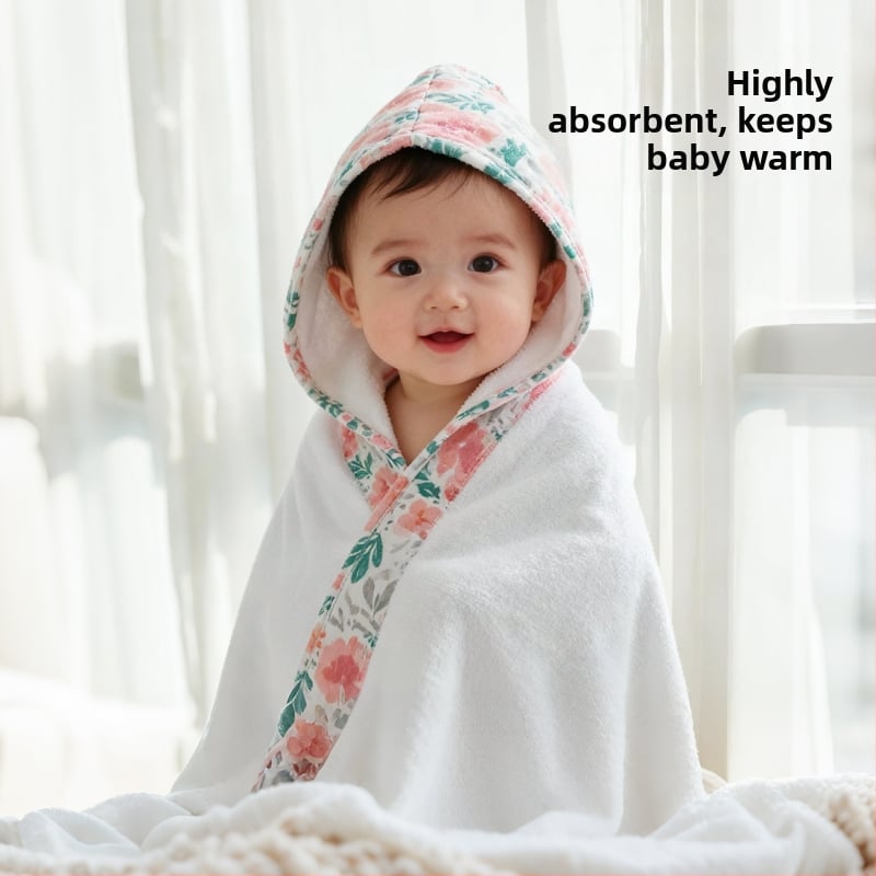 Prosop de baie pentru copii cu glugă – 100% bumbac, model floral, potrivit pentru copii 1–3 ani, colecția iarnă 2025