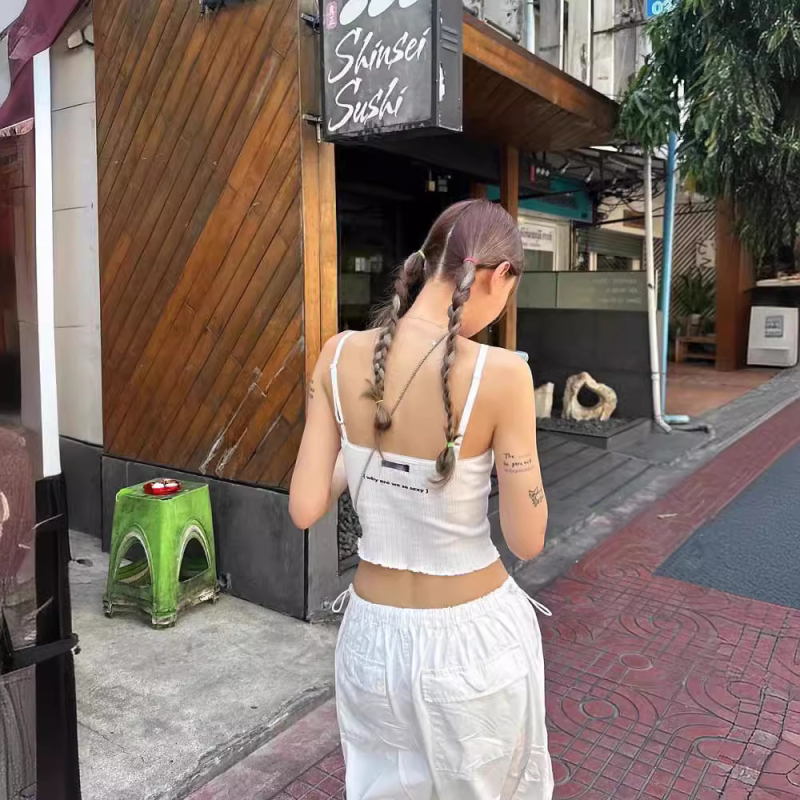 Camisolă din bumbac pentru femei, stil sling, croială Slim, lungime scurtă, model 3D