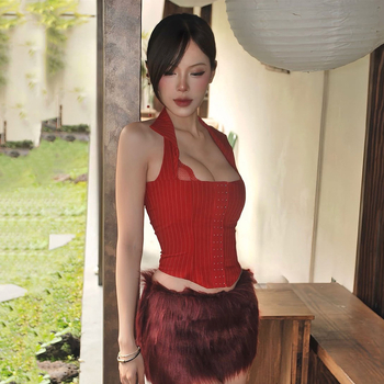 Női halternyakú felső, hátsó rész nyitott, karcsúsított fazon, rövid hossz, poliészter, 90–95% poliészter, street-stílus