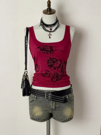 Spagettipántos top - karcsú fazon, virágos minta, poliészter ≥95%, dupla pánt