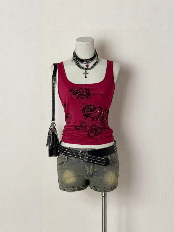 Spagettipántos top - karcsú fazon, virágos minta, poliészter ≥95%, dupla pánt