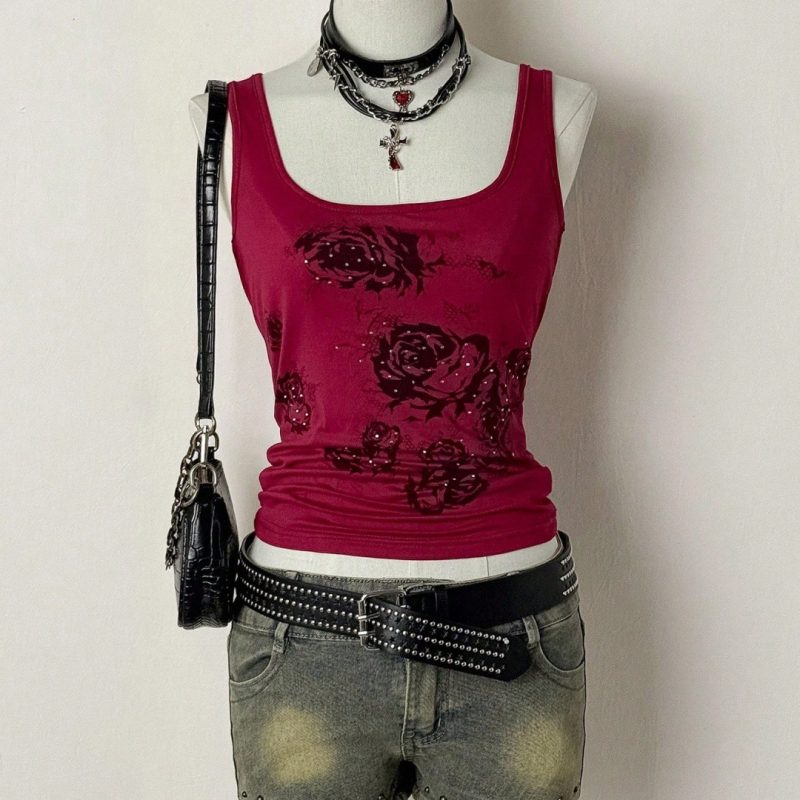 Spagettipántos top - karcsú fazon, virágos minta, poliészter ≥95%, dupla pánt