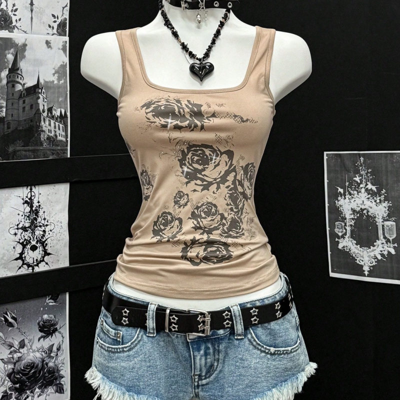 Spagettipántos top - karcsú fazon, virágos minta, poliészter ≥95%, dupla pánt