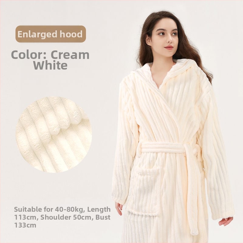 Halat de baie cu glugă, din fleece coral, 150D, velur tăiat, model dungi/grilă, absorbant
