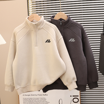 Dječji džemper za jesen-zimu s fleece podstavom, debela tkanina, glavni materijal pamuk 50%, polu-visoki ovratnik, pull-over