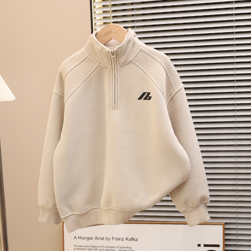 Dječji džemper za jesen-zimu s fleece podstavom, debela tkanina, glavni materijal pamuk 50%, polu-visoki ovratnik, pull-over