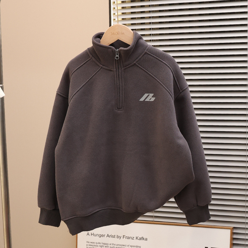 Dječji džemper za jesen-zimu s fleece podstavom, debela tkanina, glavni materijal pamuk 50%, polu-visoki ovratnik, pull-over