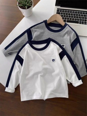 Tricou pentru copii cu mâneci lungi, 100% bumbac, guler rotund, absorbție a umezelii, potrivit pentru copii 3–8 ani.