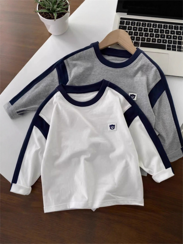 Tricou pentru copii cu mâneci lungi, 100% bumbac, guler rotund, absorbție a umezelii, potrivit pentru copii 3–8 ani.