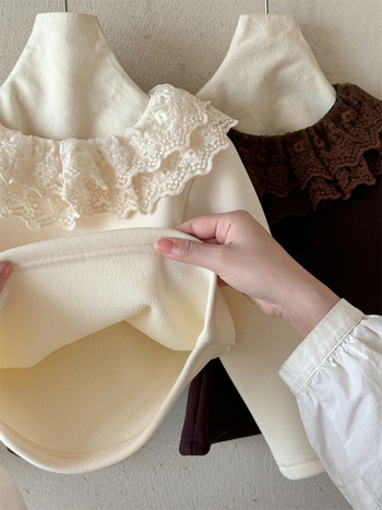 Lányok alapszintű felső velvet csipke gallérral, koreai dizájn, hosszú ujjú, poliészter 90% + spandex 10%, tél 2025