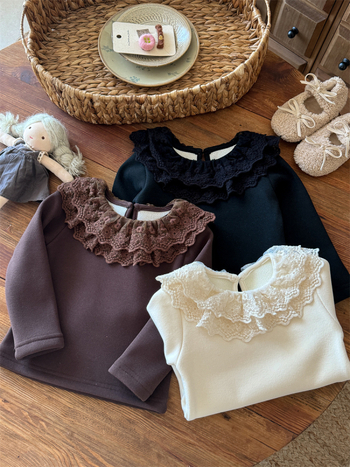 Lányok alapszintű felső velvet csipke gallérral, koreai dizájn, hosszú ujjú, poliészter 90% + spandex 10%, tél 2025