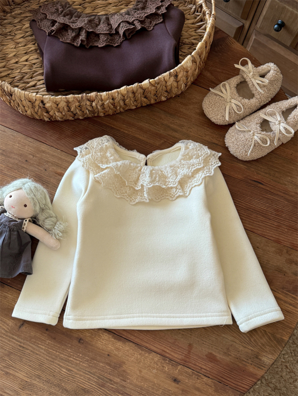 Lányok alapszintű felső velvet csipke gallérral, koreai dizájn, hosszú ujjú, poliészter 90% + spandex 10%, tél 2025