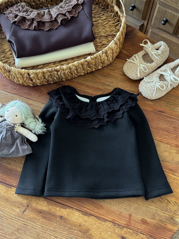 Lányok alapszintű felső velvet csipke gallérral, koreai dizájn, hosszú ujjú, poliészter 90% + spandex 10%, tél 2025