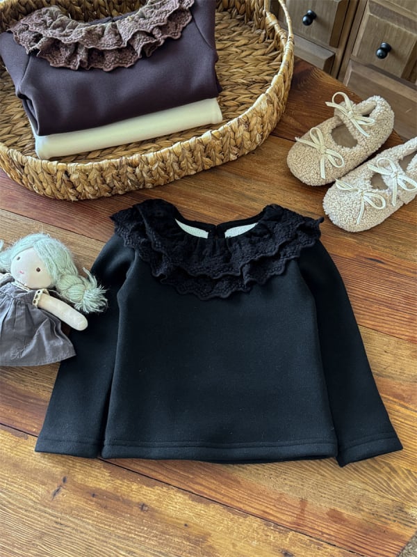 Lányok alapszintű felső velvet csipke gallérral, koreai dizájn, hosszú ujjú, poliészter 90% + spandex 10%, tél 2025