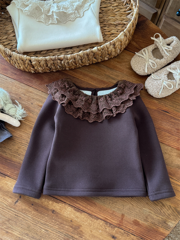 Lányok alapszintű felső velvet csipke gallérral, koreai dizájn, hosszú ujjú, poliészter 90% + spandex 10%, tél 2025