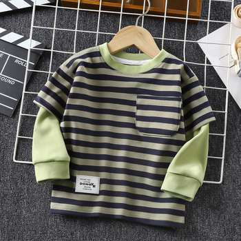 Gyerekeknek készült csíkos hosszú ujjú pulóver, koreai stílusú, poliészter gyapjú bélés