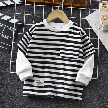 Gyerekeknek készült csíkos hosszú ujjú pulóver, koreai stílusú, poliészter gyapjú bélés