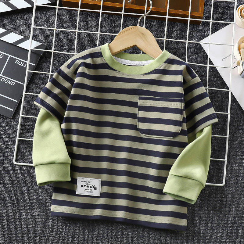 Gyerekeknek készült csíkos hosszú ujjú pulóver, koreai stílusú, poliészter gyapjú bélés