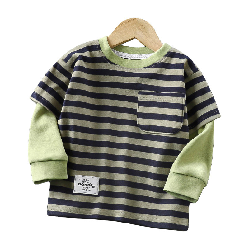 Gyerekeknek készült csíkos hosszú ujjú pulóver, koreai stílusú, poliészter gyapjú bélés