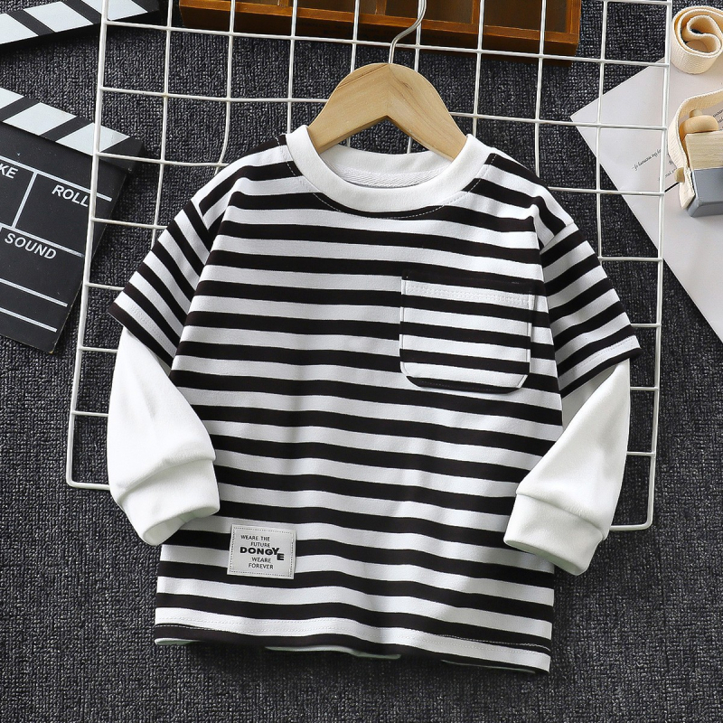 Gyerekeknek készült csíkos hosszú ujjú pulóver, koreai stílusú, poliészter gyapjú bélés