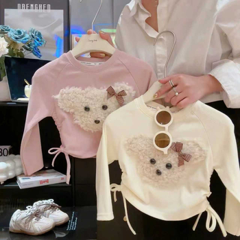 Top Raglan pentru fetițe, mâneci lungi, cu șnur, imprimeu ursuleț cartoon, 95% poliester, țesătură moale, primăvară și toamnă