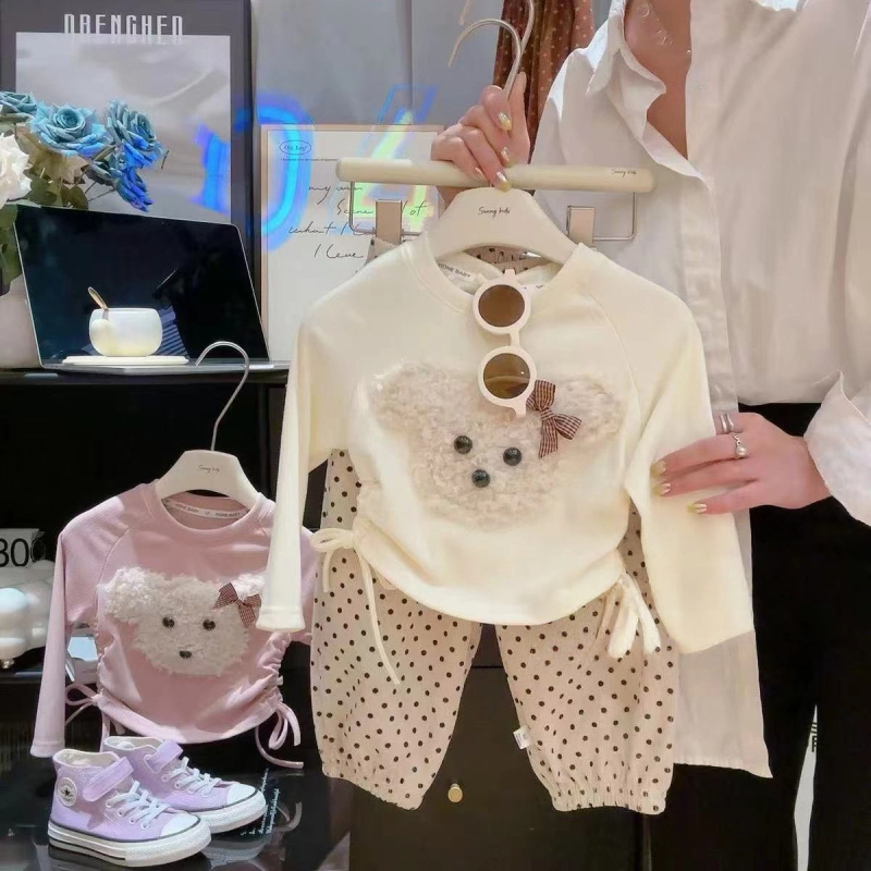 Top Raglan pentru fetițe, mâneci lungi, cu șnur, imprimeu ursuleț cartoon, 95% poliester, țesătură moale, primăvară și toamnă