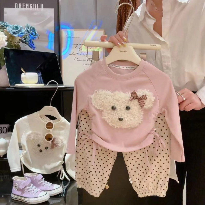 Top Raglan pentru fetițe, mâneci lungi, cu șnur, imprimeu ursuleț cartoon, 95% poliester, țesătură moale, primăvară și toamnă
